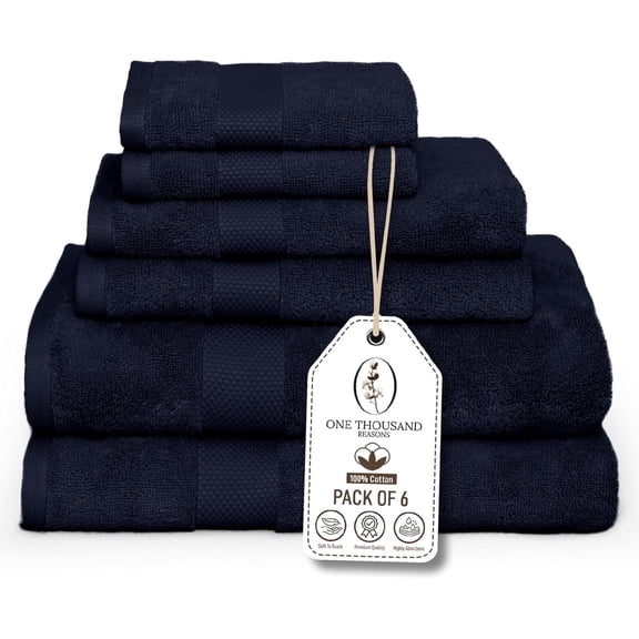 One Thousand Reasons Superior Zero Twist 1 Stripe Towel Set | Bath, Gym, Hand Towels | Luxury & Soft Cotton - Midnight (6 Pieces)