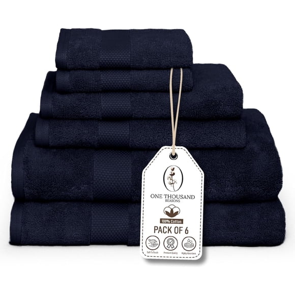 One Thousand Reasons Superior Zero Twist 1 Stripe Towel Set | Bath, Gym, Hand Towels | Luxury & Soft Cotton - Midnight (6 Pieces)