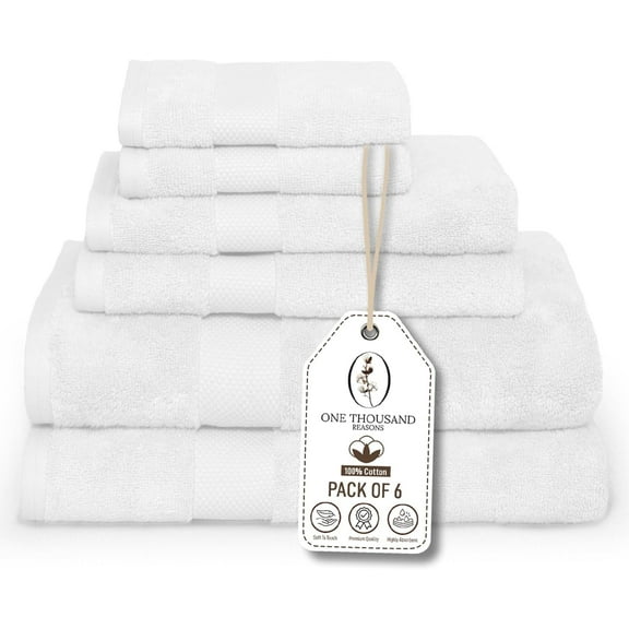 One Thousand Reasons Superior Zero Twist 1 Stripe Towel Set | Bath, Gym, Hand Towels | Luxury & Soft Cotton - White (6 Pieces)