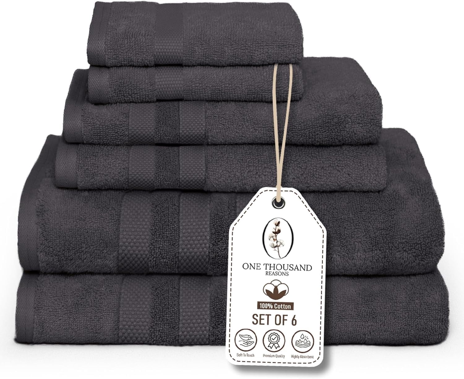 One Thousand Reasons Superior Zero Twist 3 Stripe Towel Set | Bath, Gym, Hand Towels | Luxury & Soft Cotton - Charcoal (6 Pieces)