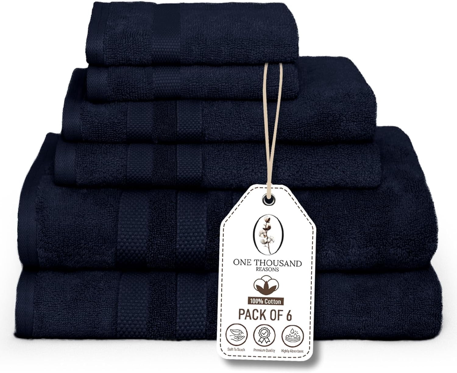 One Thousand Reasons Superior Zero Twist 3 Stripe Towel Set | Bath, Gym, Hand Towels | Luxury & Soft Cotton - Midnight (6 Pieces)