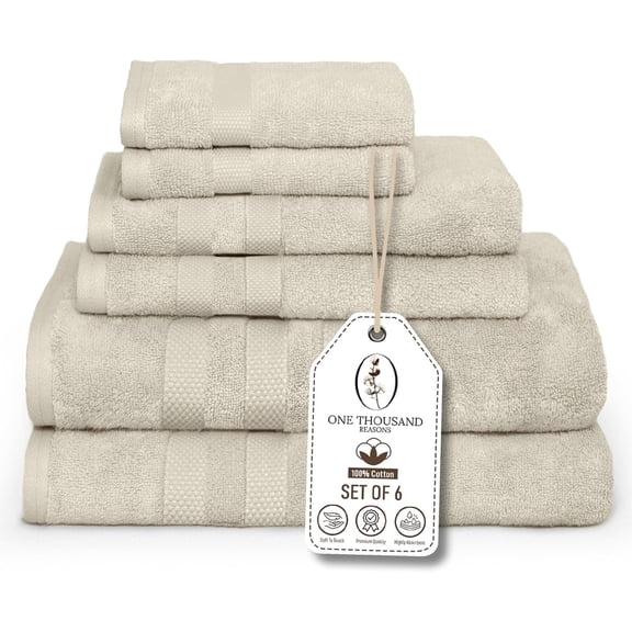 One Thousand Reasons Superior Zero Twist 3 Stripe Towel Set | Bath, Gym, Hand Towels | Luxury & Soft Cotton - Sand (6 Pieces)