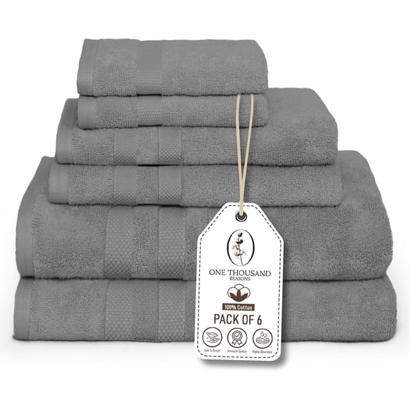 One Thousand Reasons Superior Zero Twist 3 Stripe Towel Set | Bath, Gym, Hand Towels | Luxury & Soft Cotton - Stone (6 Pieces)