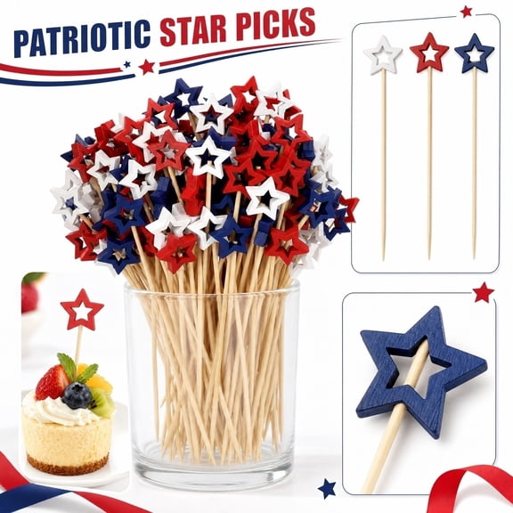 One Time Use Patriotic Cocktail Picks with Star Topper for Home and Restaurant Use