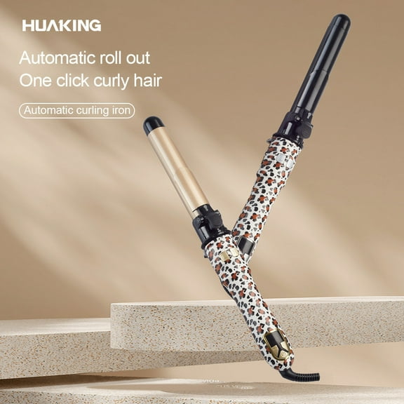 One-Touch Auto-Rotating Curling Wand for Beach Waves and Curls, Salon-Style Hair Styler with Fast Heating & Adjustable Temperature, Anti-Frizz for Long-Lasting Results, Leopard