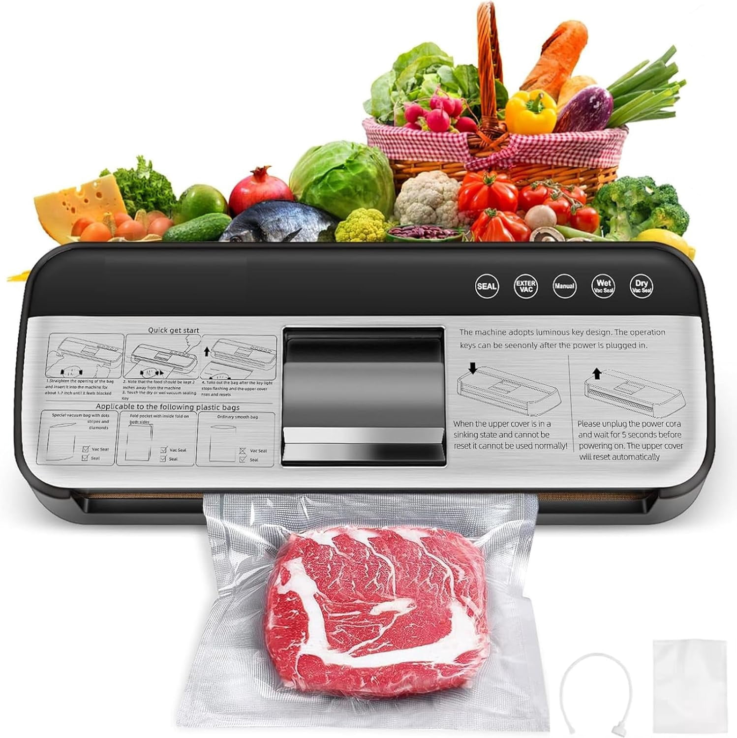 BCTILOP Vacuum Sealer Machine - 75kPa Power, Moist/Dry Modes, Hose For Jars, Includes Bags & Cutter