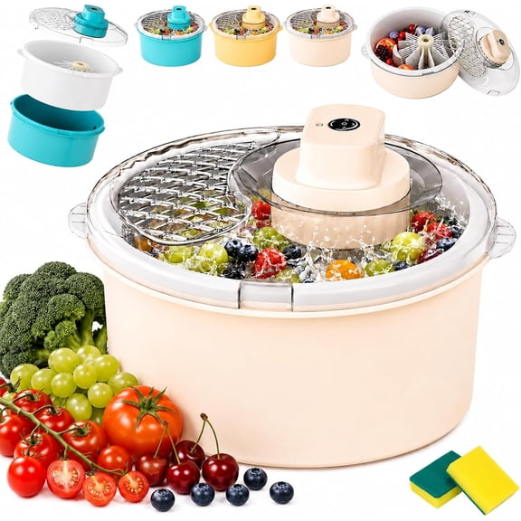 One-Touch Cordless Electric Fruit Cleaner Spinner, 2-in-1 Salad Spinner, Strainer & Food Dryer, 1500mAh Battery,Detachable & Non-Slip Base, for Berries Lettuce Greens