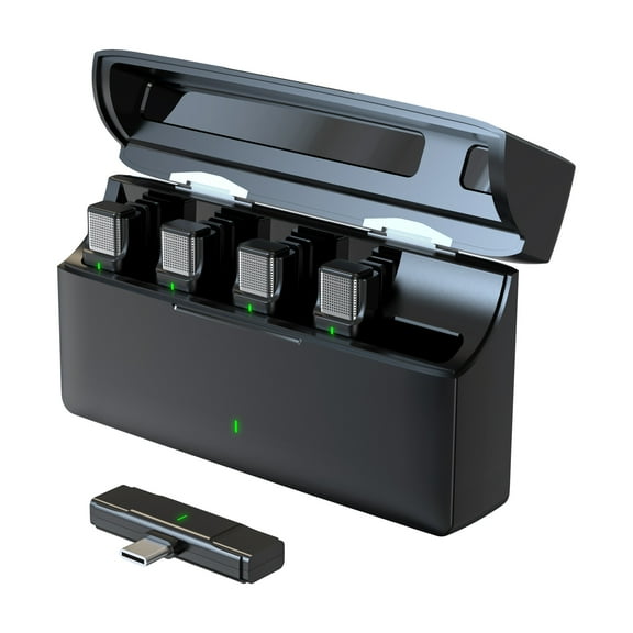 For One-Trigger-Four 2.4G Wireless Microphone System Clip-on Microphone For Phone Omnidirectional Lapel Mic Auto Pairing Intelligent Noise Cancellation 100M Transmission Range