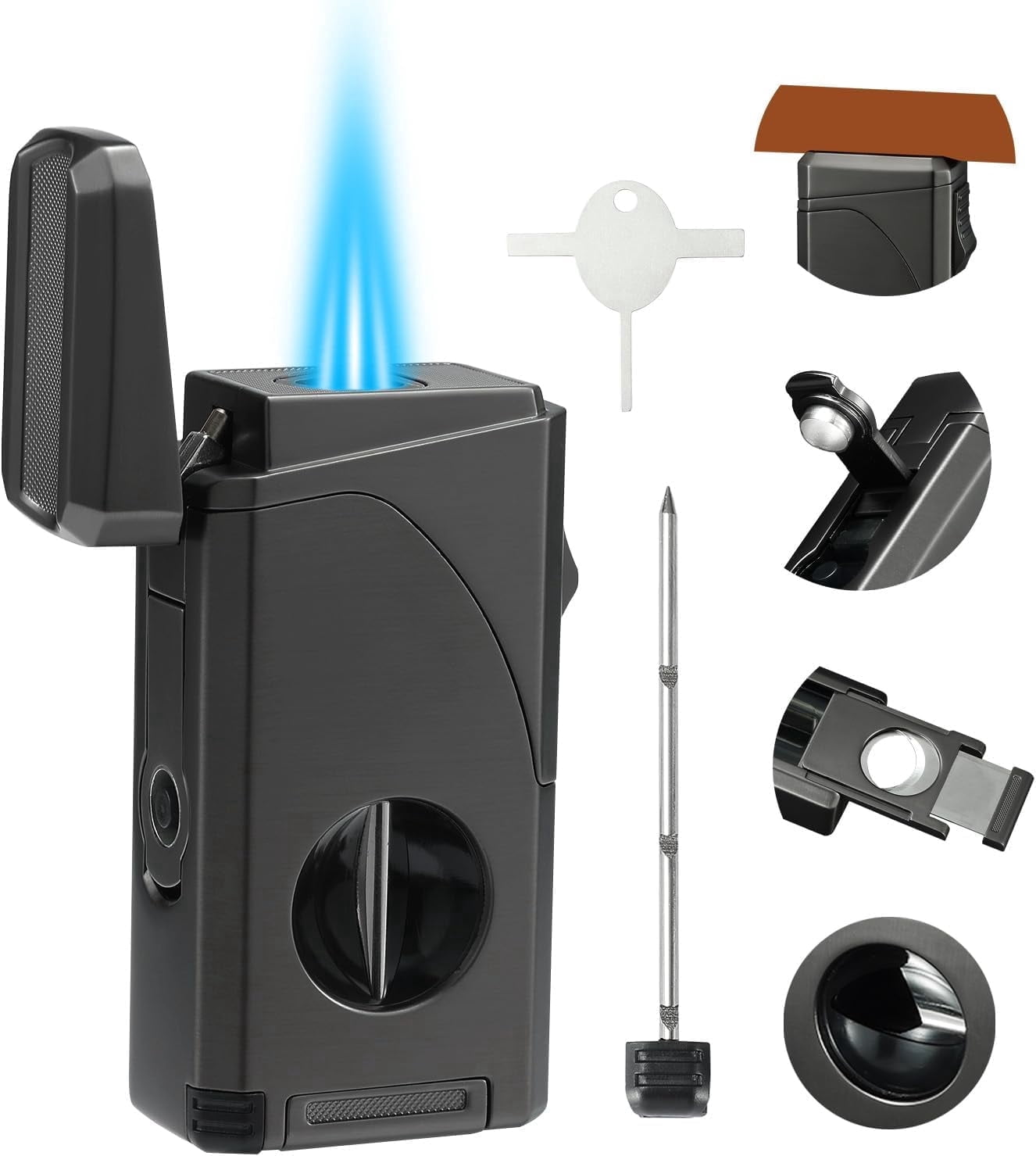 All in One Triple Jet Flame Butane Torch Lighter Built-in Cutter, Cutter V Cut, Punch, Holder Function, Draw Enhancer Tool, Refillable and Adjustable Windproof Lighter. Grey(Sold Without Gas)