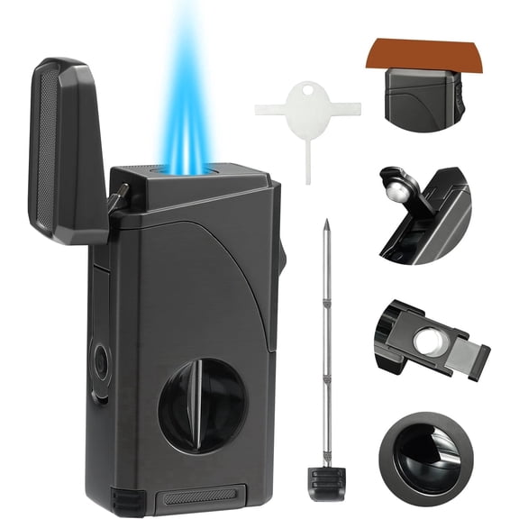 All in One Triple Jet Flame Cigar Torch Lighter Built-in Cigar Cutter, Cutter V Cut, Punch, Holder Function, Draw Enhancer Tool. Grey(Sold Without Gas) ﻿