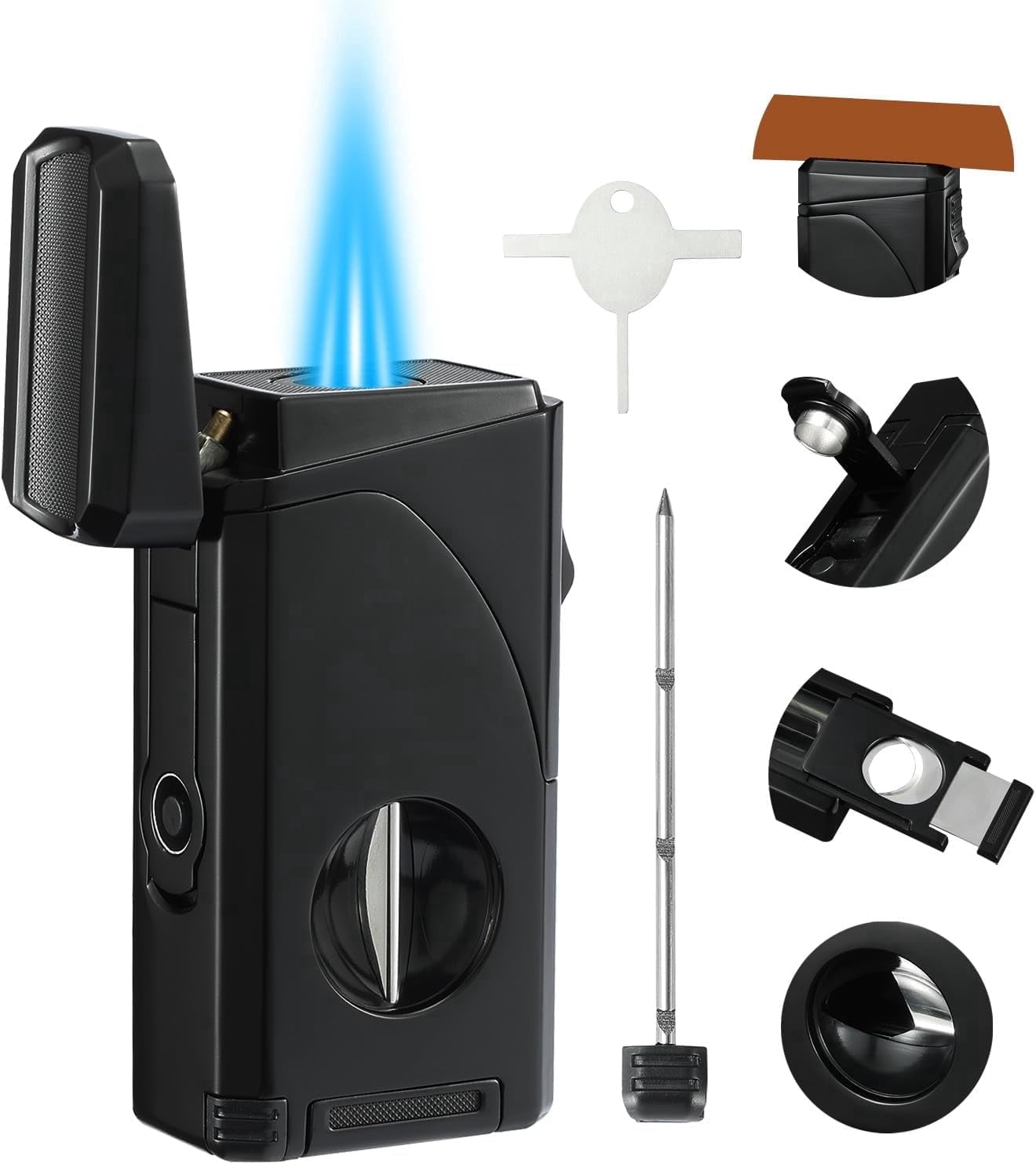 All in One Triple Jet Flame Butane Torch Lighter Built-in Cutter, Cutter V Cut, Punch, Holder Function, Draw Enhancer Tool, Refillable and Adjustable Windproof Lighter. Grey(Sold Without Gas)