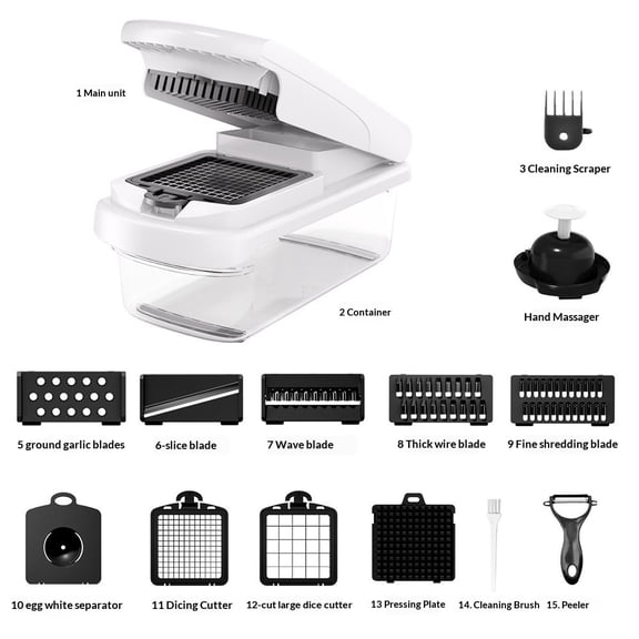 All in One Vegetable Chopper and Slicer - Food Chopper with Container and Julienne Slicer, Fruit Slicer, Veggie Cutter, Kitchen Gadgets & Gift for Mom (15 in 1, White)