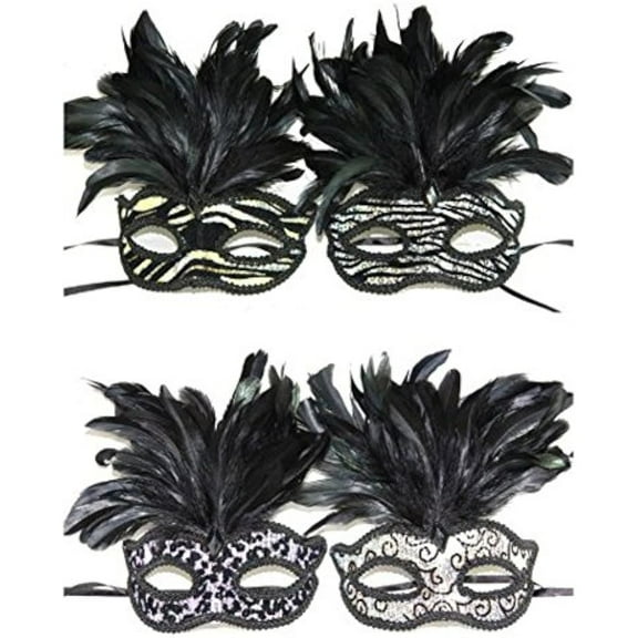 One Venetian Animal Print Mask with Feathers Black