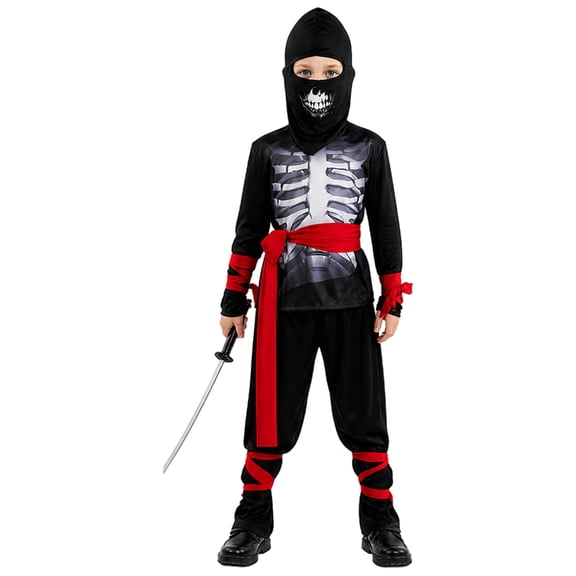 All In One Warrior Set, Skeleton Print Ninja Costume Suit, Hooded Mask Bone Pattern Warrior Outfit With Red Sash for Halloween Dark Fighter Cosplay, Multi Size Black Costume Set, Black XL