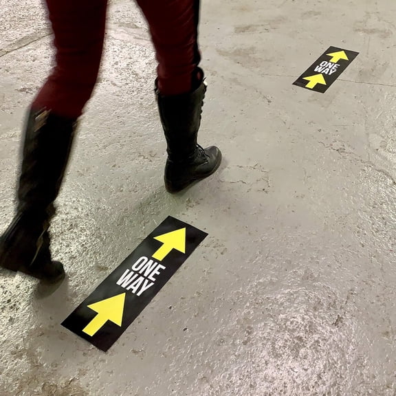 One Way Floor Decals - Social Distancing Floor Stickers - Directional Floor for Restaurants, Businesses and Warehouses - 6" x 18” Removable Vinyl Decal (10 per pack)