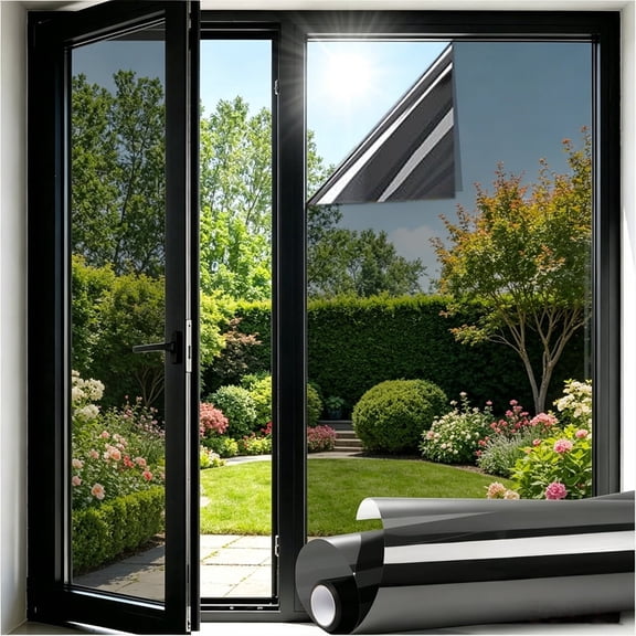 One Way Privacy Window Film, See Out Window Tint for Home Heat Control Sun Blocking Anti UV Mirror Reflective Covering Not in Static Cling No Glue, 20 inch×6.6ft
