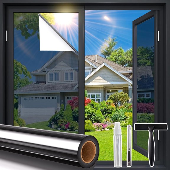 One Way Privacy Window Film with Tools, Window Tint Adhesive Shatterproof Film for Home, Premium PET Heat Control Daytime Reflective Mirror Coverings, Black, 17.5 x 118.1 Inch
