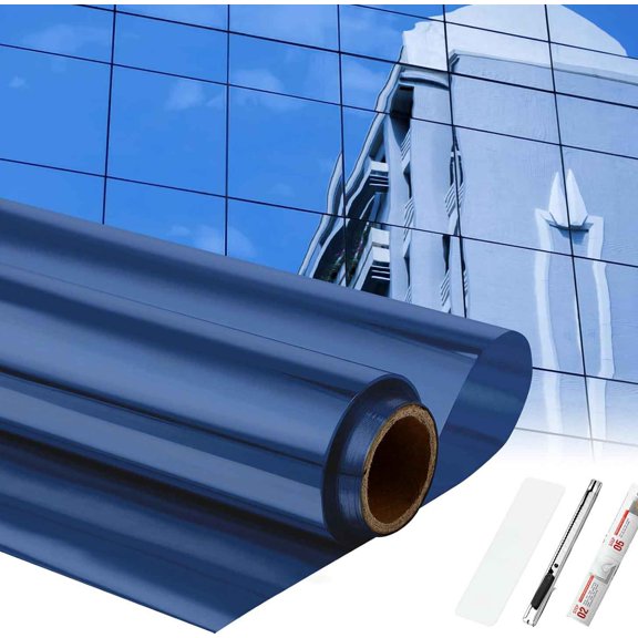 One Way Window Film Privacy Daytime Reflective Mirror Window Tint Sun Blocking Thermal Insulated Film Heat Control Static Cling Tint Anti UV (Dark Blue Silver)