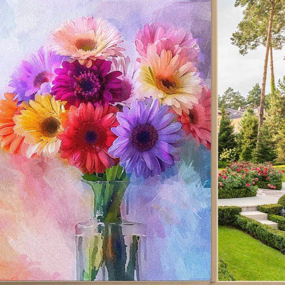 One Way Window Privacy Film Frosted Glass Window Tint Sun Blocking&Heat Control Non-Adhesive Mirror Static Cling Glare Reduction Anti-UV Removable for Home Office Colorful Gerbera Daisies (4) (1)