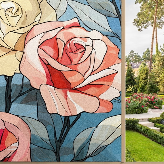 One Way Window Privacy Film Frosted Glass Window Tint Sun Blocking&Heat Control Non-Adhesive Mirror Static Cling Glare Reduction Anti-UV Removable for Home Office Stained Glass Rose (3)