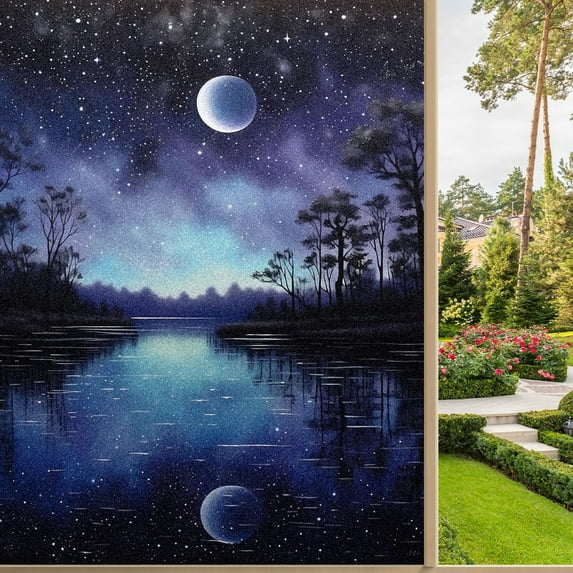 One Way Window Privacy Film Frosted Glass Window Tint Sun Blocking&Heat Control Non-Adhesive Mirror Static Cling Glare Reduction Anti-UV Removable for Home Office Painting Lake Moon Stars Sky (1)