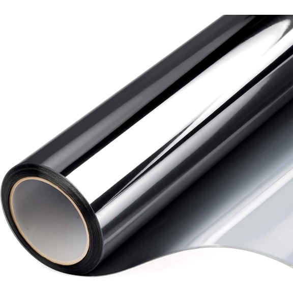 One Way Window Privacy Film, Reflective Window Tint for Daytime Privacy, Heat Control & UV Blocking, Static Cling Mirror Film for Home, Office & Glass Doors, Black Silver 17.5" x 7.8'