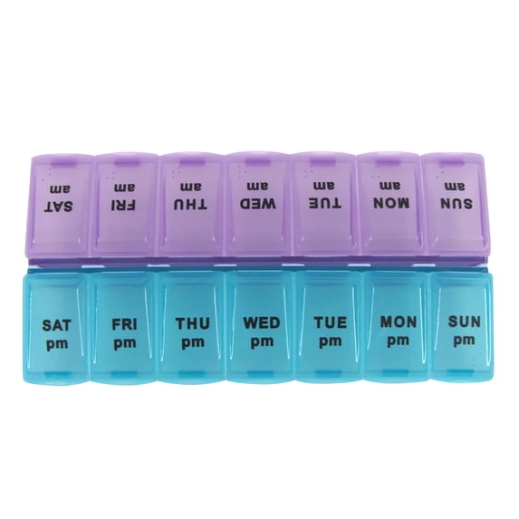 One Week Pill Organizer | Double-Row Portable Medicine Box | 7-Day Sealed Storage Container | Travel-Friendly Weekly Medication Organizer | Blue or Purple