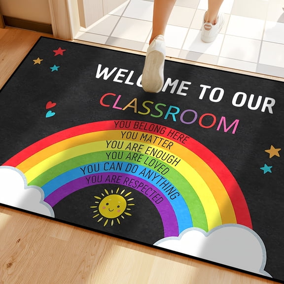One Welcome to Our Classroom rainbow smiley face and sun pattern flannel doormat, machine washable, suitable for outdoor porch, kitchen, living room, bathroom or office dcor.