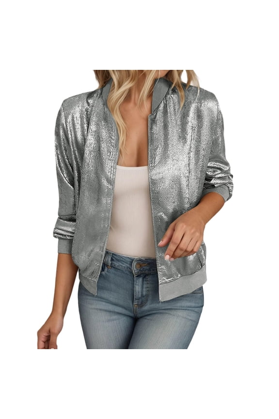 (One) Women's Metal Bomber Jacket Lightweight Zipper Long Sleeve Fashion Jacket