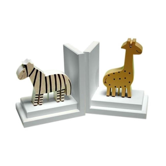 One World Kids BG00036601-555 Khaki Giraffe-Zebra Bookends - White Base
