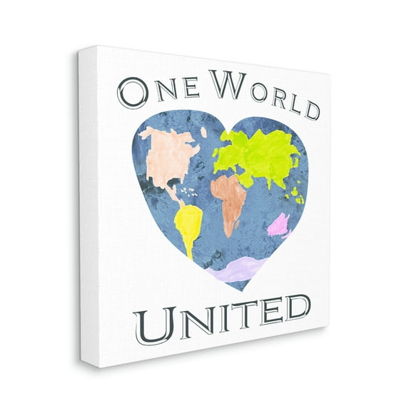 One World United Phrase Abstract Heart Shaped Globe Art for Kids Gallery-Wrapped Canvas Print Wall Art, 17x17
