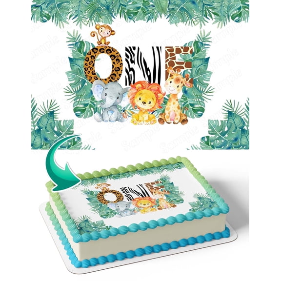 one Year Jungle Safari Animals Wild OYA Edible Image Cake Topper Birthday Sheet Banner 1/4 Sheet