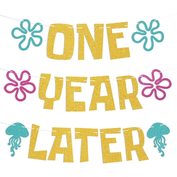 One Year Later Glitter Banner, Gold, Teal and Pink, 1st Birthday Party Decoration, Ocean Theme