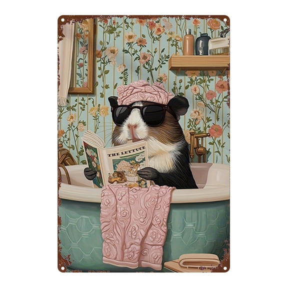 One adorable guinea pig bathroom scene decorative painting, suitable for home, farm, kitchen, cafe, bar, or garage decoration. Kitchen decor | Classic design | Vintage look, retro metal sign.