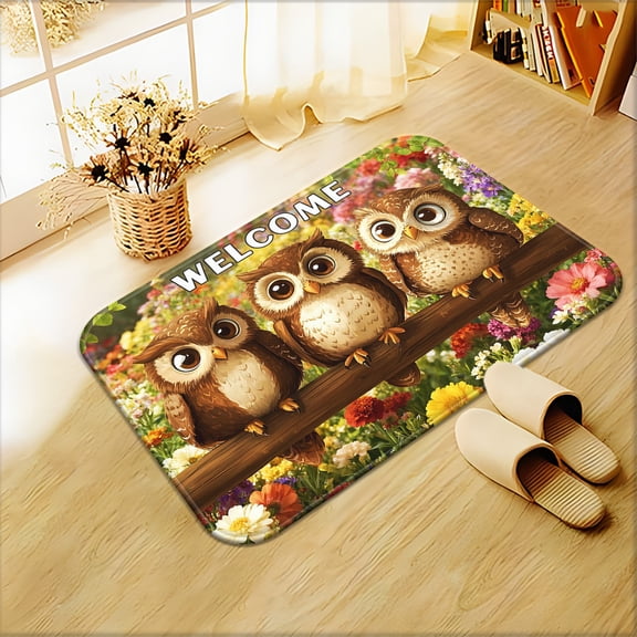 One adorable owl welcome mat, non-slip and absorbent, machine washable, made of soft polyester, printed with a cute owl pattern, perfect for front doors, camping, picnics, bathrooms, etc.