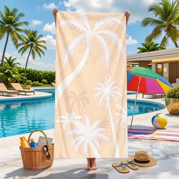 One beach towel with a white palm tree silhouette, soft, absorbent, quick-drying bath towel, suitable for pools, beaches, resorts, travel, tropical vacations, spas, and summer outdoor use