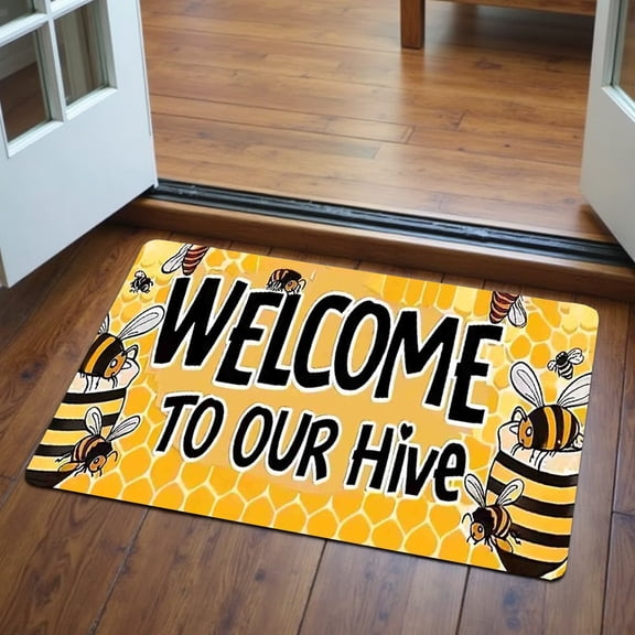 One bee-themed welcome mat with letter print, machine washable, made of lightweight polyester, suitable for outdoor porches, kitchens, living rooms, bathrooms, or office decor.