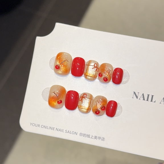 [One bite of cherry] Red Chinese New Year, autumn and winter, Doudou nail, purely handmade wearing nail, short nail art patch, fake nail