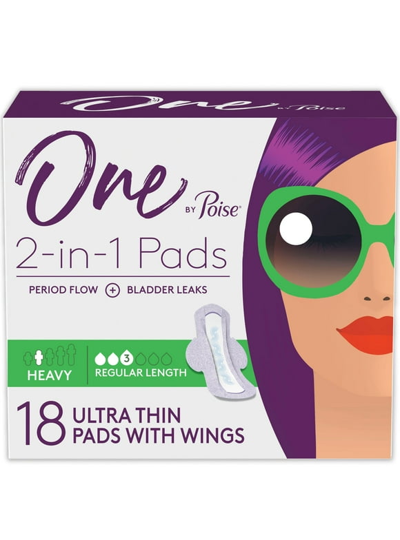 One by Poise Feminine Pads with Wings, Heavy Absorbency Period & Incontinence Pads, 18 Count