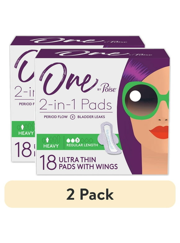 (2 pack) One by Poise Feminine Pads with Wings, Heavy Absorbency Period & Incontinence Pads, 18 Count