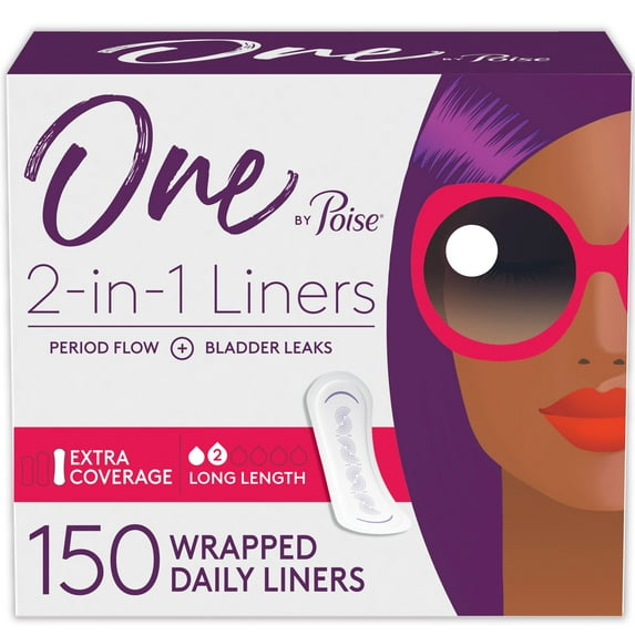 One by Poise Panty Liners, 2-in-1 Long Pantiliners, Extra Coverage, 150ct (3 Packs of 50)