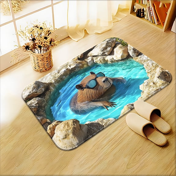 One capybara phantom pond print doormat, non-slip bathroom mat, microfiber absorbent, machine washable polyester rug, suitable for bedrooms, living room entrances, camping, picnics, and outdoor use.