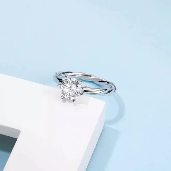 One carat 2 Carat - Round Cut - Moissanite Ring - Solitaire Engagement Ring in 18K White Gold Plating over Silver Size 6