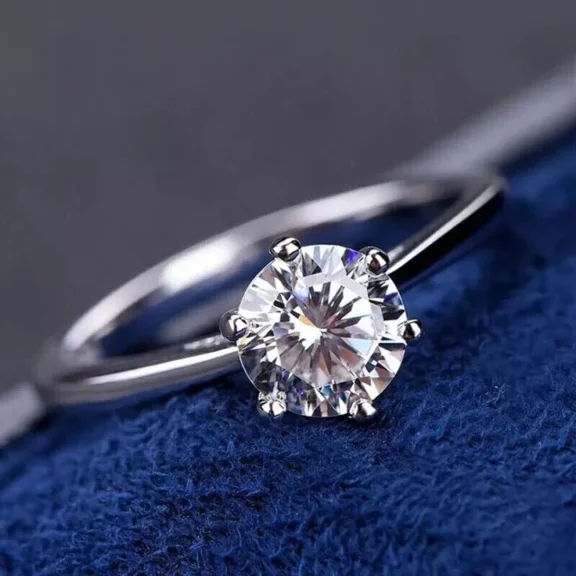 One carat 2 Carat - Round Cut - Moissanite Ring - Solitaire Engagement Ring in 18K White Gold Plating over Silver Size 8