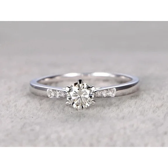 One carat 2 Carat - Round Cut - Moissanite Ring - Solitaire Engagement Ring in 18K White Gold Plating over Silver Size 8