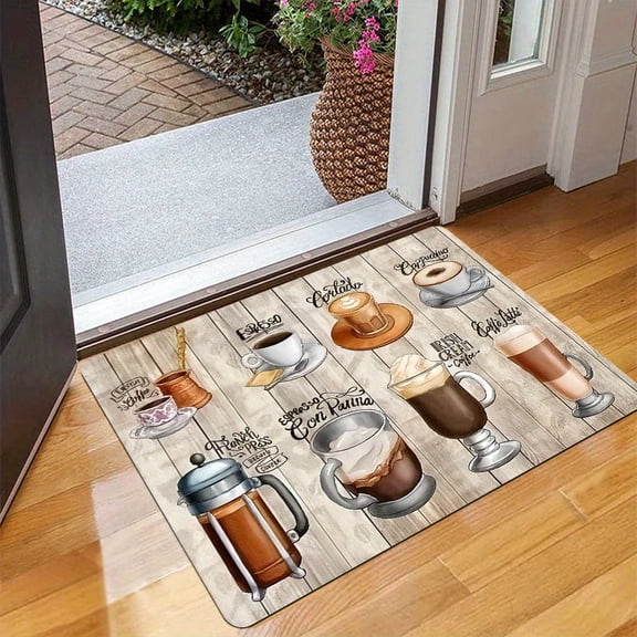 One coffee-themed printed flannel rug, machine washable and soft polyester mat, suitable for entrances, exits, bathrooms, kitchens, leisure areas, laundry rooms, and home dcor.