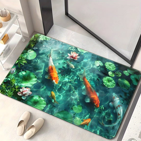 One colorful koi pond doormat, non-slip bathroom mat, microfiber absorbent washable mat, suitable for outdoor porch, kitchen, living room, bathroom or office decoration.