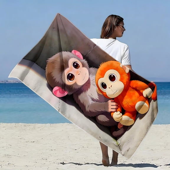 One cute soft beach towel shaped like a plush monkey and a toy monkey, featuring an adorable monkey print, perfect for beach vacations, pool parties, or outdoor picnics