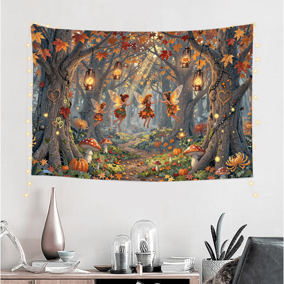 One design features a  Autumn Fairy Forest Lanterns Mushrooms Pumpkins Leaves  .On Polyester Fiber, Perfect for Home Decor in Living Rooms, Bedrooms, Dorms, And Offices
