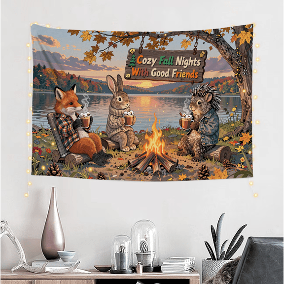 One design features a Fox Rabbit Hedgehog Cozy Fall Nights Good Friends Print Wall Hanging Decorative Blanket.On Polyester Fiber, Perfect for Home Decor in Living Rooms, Bedrooms, Dorms,And Offices